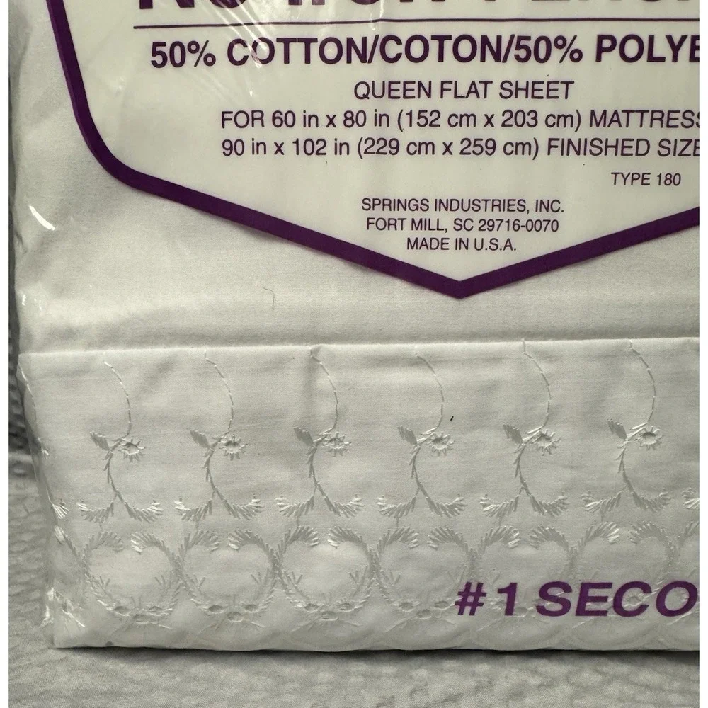 NEW VTG Durable 1 Seconds Queen White Flat Sheet White Eyelet Embroidery